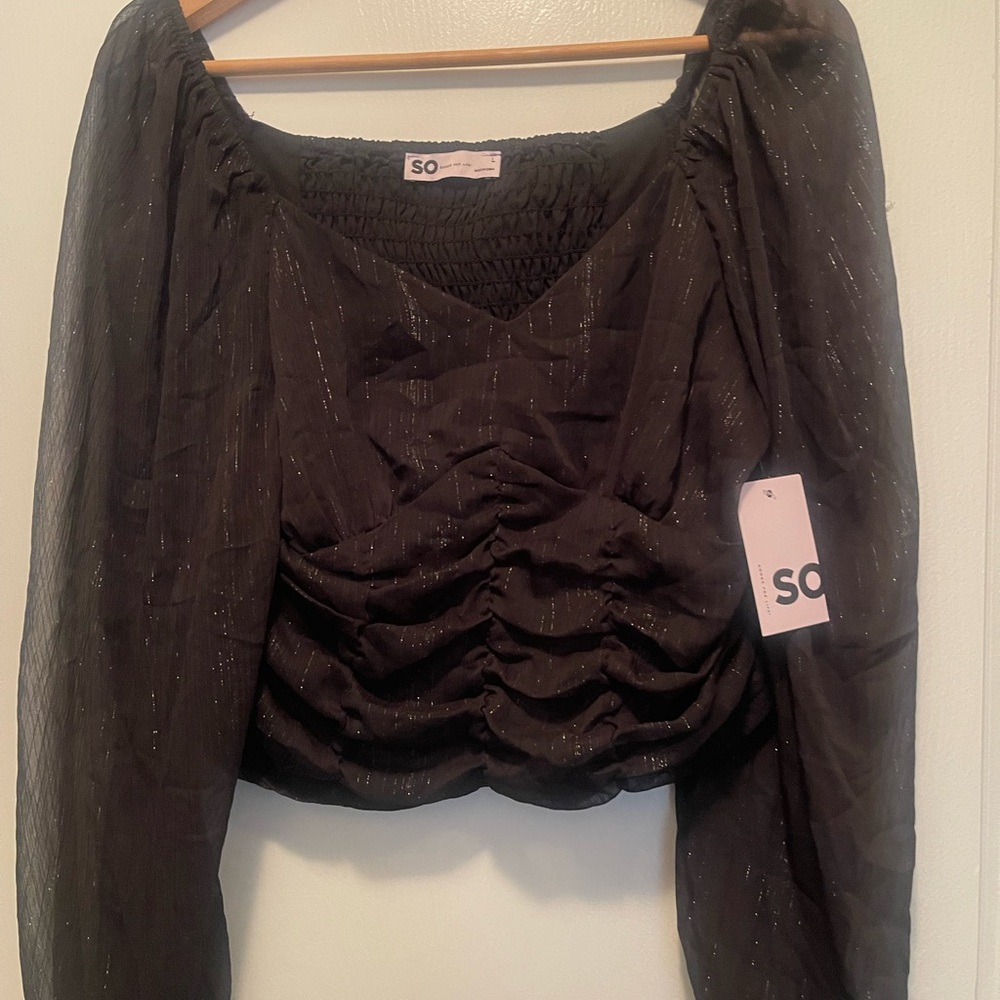 SO Women's Black Shimmer Ruched Blouse